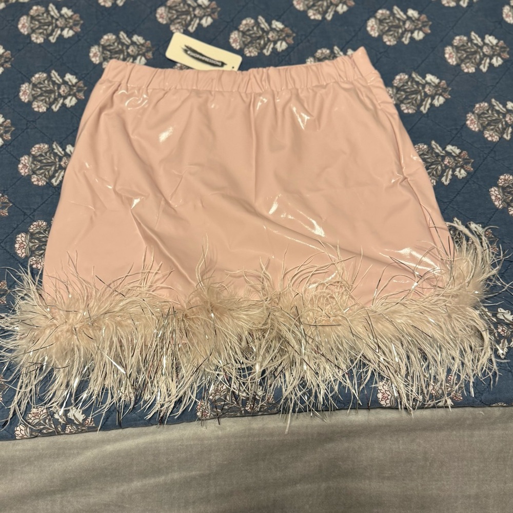 Impressions Blush Pink Patent Mini Skirt with Feather Trim - Picture 2 of 2